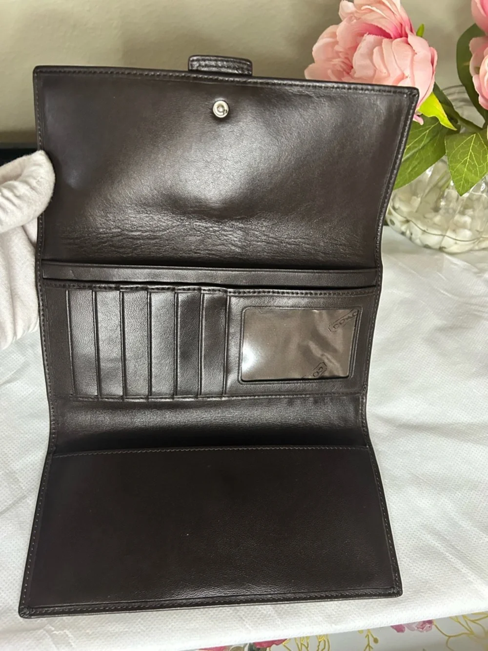 Coach Brown Monogram Wallet/ Clutch with Buckle Snap Accent